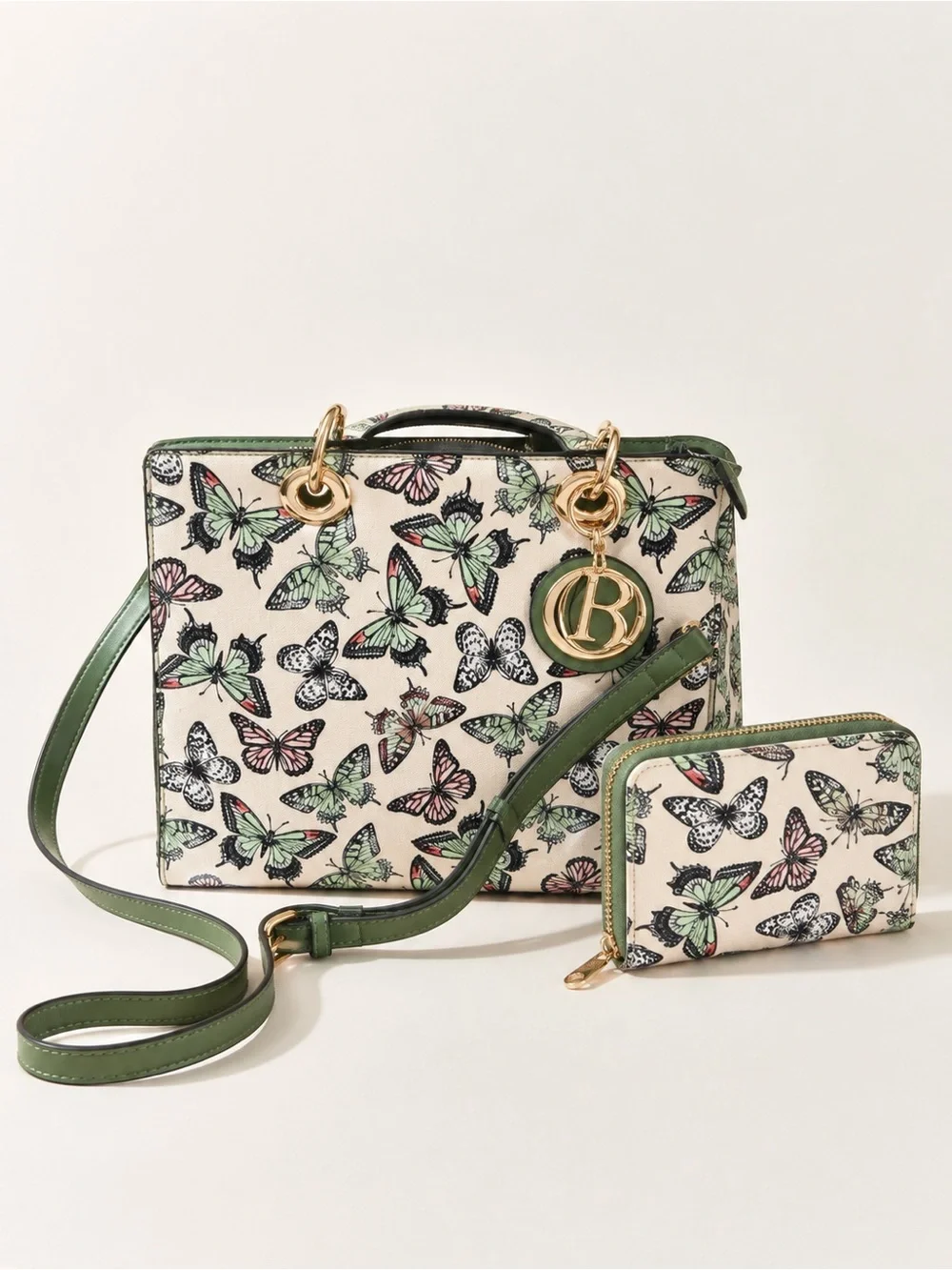 Butterfly Print Satchel & Wallet Set - Green Trim nwt